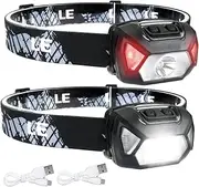 Lepro Head Torch Rechargeable, Super Bright Waterproof LED Headlamp with Red Warning Lights, 6 Lighting Modes, Long Runtime Headlight for Kids & Adults for Running Fishing(2 Pack)