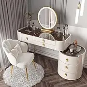 Stylish and Modern Vanity Desk Vanity Table Makeup Vanity Desk with Lighted Mirror and Glass Top - Large Dressing Table Set with Drawers Side Cabinet & Chair - 3 Lighting Colors for Her(Bianco)