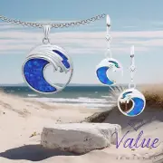 18" .925 SS Evening Tide ROUND WAVE OPAL INLAY Necklace & Earring Set