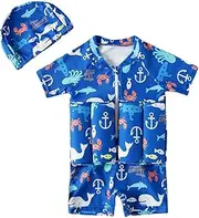 [Digirlsor] Kids Floatation Swimsuits Baby Boys Girls One Piece Float Suit Short Sleeve Swim Vest Zip up Buoyancy Swimwear +Cap
