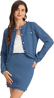 [Allegra K] Women's 2-Piece Suit Stretch Pullover Short Jacket Skirt Vintage Sets