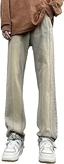 [Zylphorix] Men Contrast Stitching Slim Jeans Classic Mid Rise Straight Daily Denim Pants Y2K Comfort High Street Trousers, Yellow, Medium