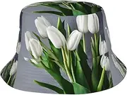 [DRTGEDS] White Tulips Flowers Printing Outdoor Sun Bucket Hat Protection Safari Cap Wide Brim Fishing Hat for Hunting Boating