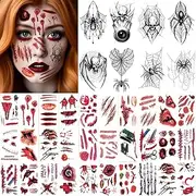 38 Sheets Halloween Tattoos, Scary Cobwebs Zombie Vampire Wounds Scars Tattoo Stickers, Halloween Costume Women Men Face Stickers, Horror Halloween Blood for Adults Makeup Accessories