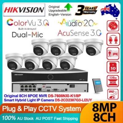 Hikvision 8CH 8POE CCTV System Kit 4K 8MP ColorVu3.0 Acusense IP Camera Dual-Mic