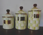 MACKENZIE-CHILD'S PARCHMENT CHECK , 3 PIECE CANISTER SET,NEW