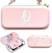 BelugaDesign Moon Switch Carrying Case | Pastel Hard Travel Shell Compatible with Nintendo Switch Standard Lite OLED | Cute Moon Silhouette Heart Magic Bow Design (Pink)