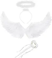 TJHypenete 3pcs Angel Wings and Halo with Fairy Wand, 31.5In Angel Feather Wings, Magic Wand Fairy Feather Wing, Adult White Angel Costume Fancy Dress for Carnival Party Halloween Christmas Cosplay