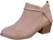 [ZJWBB] Women's Fashion Glitter Dressy Ankle Boots Comfortable Slip On Flat Low Heel Booties, Round Toe Side Zipper Chunky High Heel Dress Short Boots, Pink, 6.5