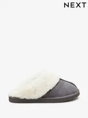 Grey Suede Faux Fur Lined Mule Slippers (M40018) | $41