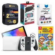 Nintendo Switch White OLED Console + Mario Maker 2 + Surge Accessory Gamer Kit