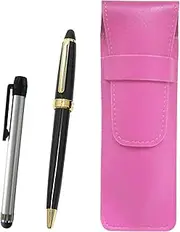 SASP-ALST-600B-B Pink Grain Leather Pen Case, Metal Touch Stick Silver and Neo D-600 Ballpoint Pen Set, Black