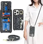 Cavor Vertical Flip Cover for iPhone 15 Pro Max Leather Case 6.7'' Crossbody Wallet Card Slots with 360°Rotation Ring Holder Kickstand & Long Shoulder Lanyard Strap-Black Leopard