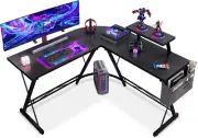Gaming Desk L Shaped with Monitor Stand&Storage Bag, Metal Legs, round Corner Ga