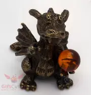Solid Brass Amber Figurine of Dragon w Magical sphere Totem talisman IronWork
