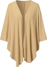 [Zylphorix] Women Lightweight Cropped Knitted Long Hem Shawl Open Front V Neck Knit Poncho Cape Fall High Low Hem Outerwear, Light Yellow, Medium