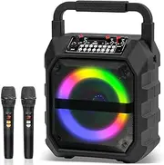 Yopower Karaoke Machine,Potable Bluetooth Stero Speaker, Singing Machine with 2 Wireless Microphones LED Lights for Home Party Meeting Adults Kids Supports USB/TF/AUX/REC/FM