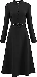 [Hobemty] Women's Vintage A-Line Dress Mock Neck Long Sleeve Belted Work Flare Dresses