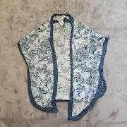 Chicos Top Cardigan Womens Small Medium White Blue Floral Crochet Open Front