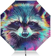 [PDZRMY] UV Protection Travel Umbrella Raccoon Abstruct Colors Compact for Rain and Sun - Auto Open and Close UPF 50+ Windproof Portable 46” Sun Umbrella for Women and Men