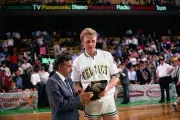 Larry Bird Boston Celtics receives an award after a game circa 198- Old Photo