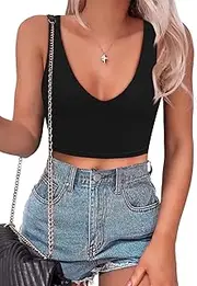 [SAUNGKUAI] Women’s Summer Slim Fitted Sexy Deep V Neck Sleeveless Backless Double Lined Crop Tank Tops