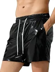 [FEOYA] Mens Metallic Shorts Shiny Leather Hot Pants Sequin Glitter Elastic Waist Shorts with Pockets Casual Disco Gold Shorts Wet Look Shorts for Clubwear Nightclub S-XXL
