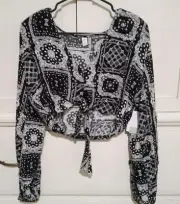 BP Nordstrom Viscose Buttons Tie Front Blouse Black Womens Top NWT