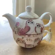 Summer River Stackable Porcelain Three Piece Tea Pot Set One With Floral Owls