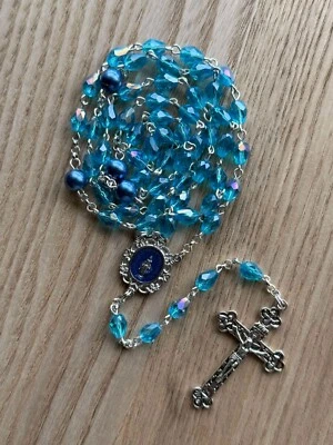 AB Blue Crystal Glass Bead Silver Holy Rosary for Catholic Church Prayers / Gift