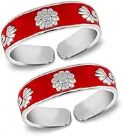 [Tongari] Women's Red Enamel Band Design Comfortable Toe Rings in Pure 92.5 Sterling Silver, Adjustable, Non-Precious Metal, No Gemstone