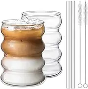 Ripple Glass Tumbler，Glassware with Straight Straw and Cleaning Brush, Heat-Resistant Caterpillar-Design Borosilicate Cup for Milk, Juice, Tea,Matcha and Iced Coffee-350ml/12oz 2PCS