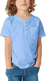 [GAMISOTE] Kids Boys Henley Shirts Solid Button Down Short Sleeve Pocket Casual Tops Tees