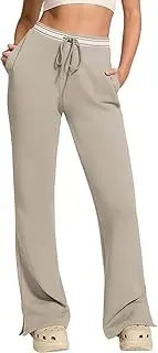 [HeSaYep] Women's Fleece Lined Sweatpants Winter Warm High Waisted Trousers Split Hem Flare Sweat Pants with Pockets