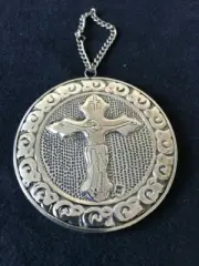 925 Sterling Silver, Cross Ornate Repousse Round Mirror