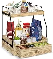 Rustic 2 Tier Coffee Bar Accessories and Organizer Countertop, Coffee Station with Drawer, Pods Holder Condiment Organizer, Wood Countertop Shelf for Kitchen Spice Bathroom