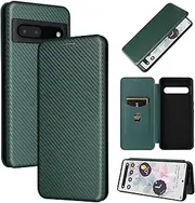 Carbon Fiber Flip Case for Google Pixel 7 Pro, [Scratch-Resistant] [Magnetic Closure] Full Body Protective Hard PC Cover with Card Slot for Google Pixel 7 Pro, Green