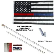 USA Thin Red Blue Line Embroidered Flag 6' Spinning Tangle Free Silver Pole