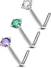 OUFER G23 Nasenpiercings Titan 3er-Pack 20G 0.8 mm Nostril Piercing Rings Nasenstecker Nasenringe L-Form 3mm Klar CZ Frauen Männer Geschenk