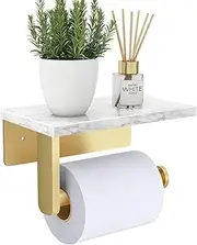 Brushed Gold Toilet Paper Holder with Natural Marble Shelf, 304 Stainless Steel Screw Wall Mounted, Tissue Roll Paper Holder Dispenser for Bathroom Washroom (Gold)