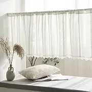 Small curtain Cafe Curtains Small Window Curtains, Valance for Kitchen Striped Window Semi Sheer Valance for Living Room Farmhouse Cotton Linen Curtain Valance Window Treatment(White,120x45cm/47x18in)