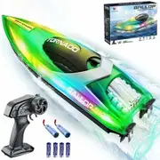 15+ MPH RC Boat LED Lights Fast Speed Boats Toys Pool Lake Remote Control 2.4Ghz Race Car Outdoor Activity Water Play Sensory Sports Green