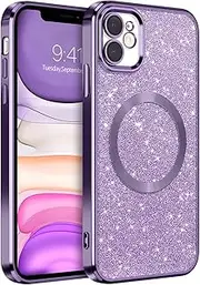 GaoBao Magnetic for iPhone 11 Case, Slim Fit iPhone 11 Case [Compatible with MagSafe] Luxury Sparkle Shiny Full Body Protective Phone Cases Covers for iPhone 11 6.1 inch, Purple Glitter