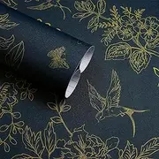 [Froluya] Vintage Floral Wallpaper, Dark Blue and Gold, 118.1"x17.7", Removable Peel and Stick, Self-Adhesive, Vinyl Roll