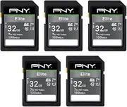 PNY 32GB Elite Class 10 U1 V10 SDHC Flash Memory Card - 100MB/s Read, Class 10, U1 Full HD, UHS-I, Full Size SD (Pack of 5)