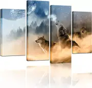 - 4 Piece Animal Wall Art Painting Wolf Howling to the Moon Poster Art Print Wil