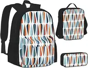 [ERCgad] Mid Century Modern With Drop Shapes Print Canvas 3-In-1 School Bags Set Backpack Lunch Bag Pencil Case Combo For Men Women, Black, One Size