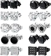 [GUSXPPD] 10 Pairs of Men's Earrings, 8 mm Stainless Steel Stud Earrings, Silver Black Cubic Zirconia Stud Earrings, Diamond Earrings, Men, Square Round Stud Earrings with CZ Jewellery for Men, Boys, Women