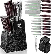 FULLHI 8/14pcs Block Knife Set,Chef's Knves Set with Block and Sharpener, Kitchen Knife Set,Multi-Colour Handle, Gifts for Men Women (Coffee Wood, 14PCS)
