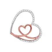 14k White Gold Round Diamond Rose Nested Heart Pendant 1/8 Cttw